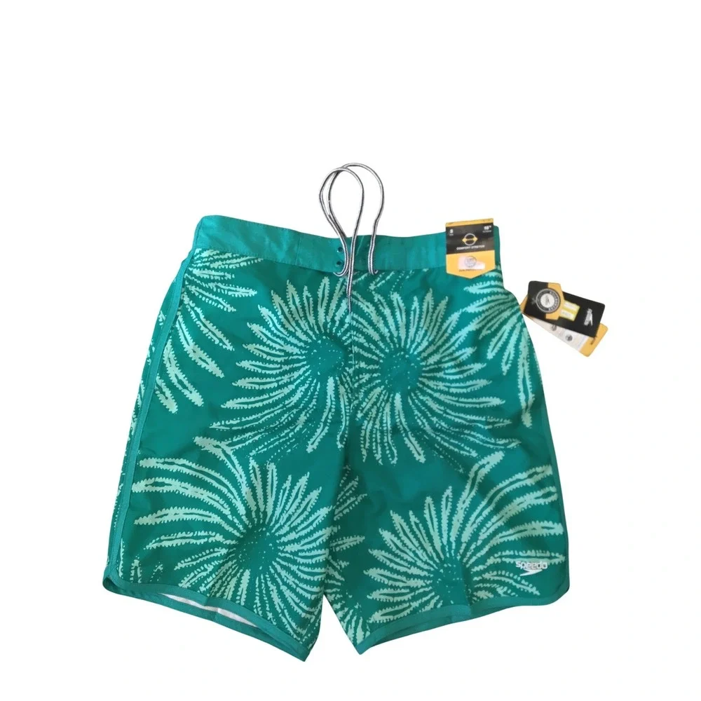 Speedo Mens Swim‎ Trunks Teal Green Patterned Board Shorts Comfort Stretch Small